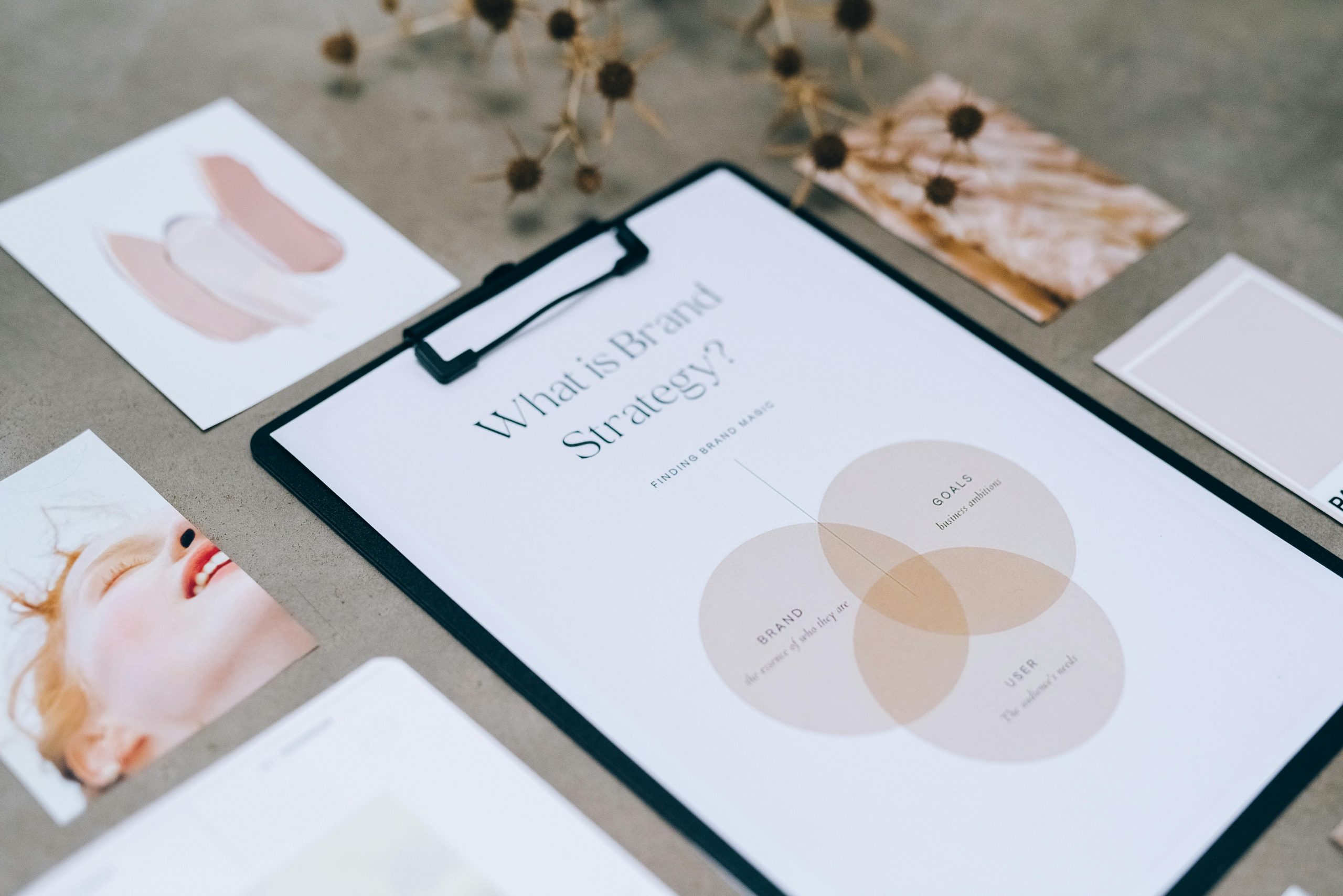 A close-up view of a brand strategy document on a desk surrounded by design artworks.
